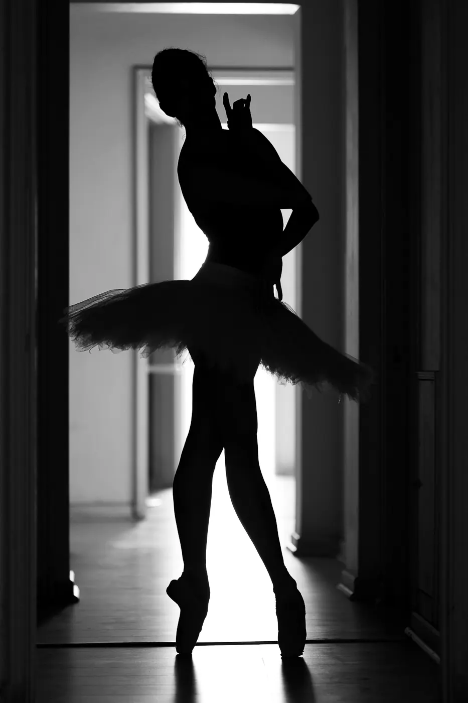 Bailarina de perfil en silueta, con tutú y los brazos recogidos, sobre puntas